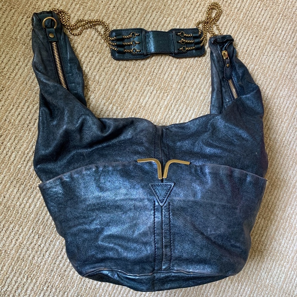 Chloe Milton Chain Hobo Bag Metallic Blue and Gold